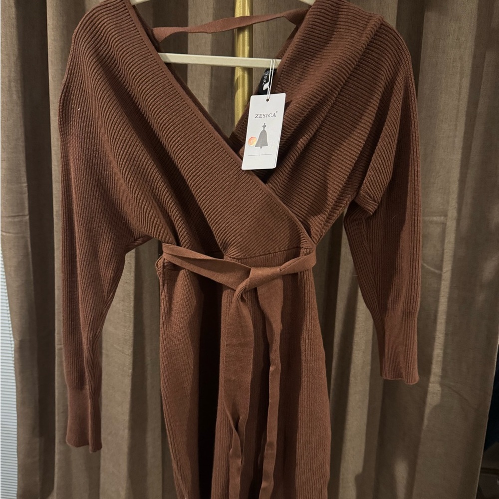 Zesica Brown Ribbed Wrap Long Sleeve Dress